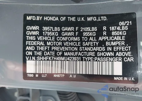 2021 Honda Civic Sport z USA, uszkodzony, nr VIN SHHFK7H49MU423931